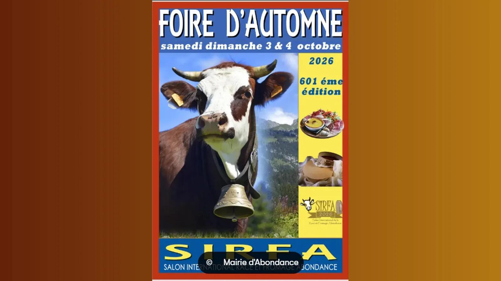 Affiche de la 601e Foire d'Automne d'Abondance 2026, avec une vache de race Abondance portant une cloche traditionnelle