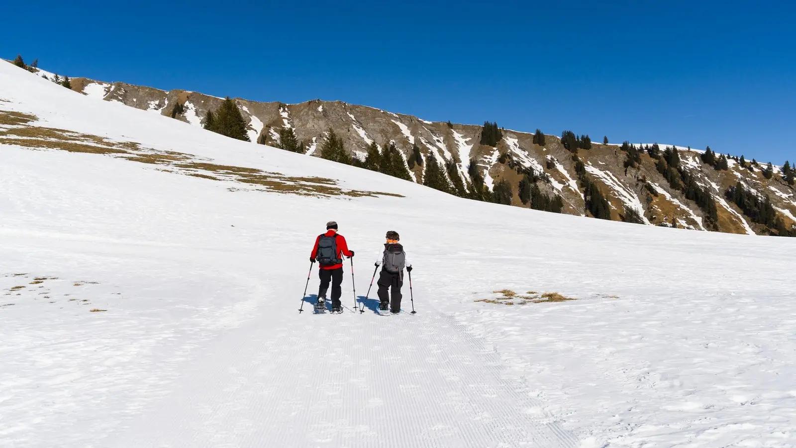 Deux randonneurs en raquettes sur un alpage enneigé en hiver, vallée d'Abondance, Haute-Savoie